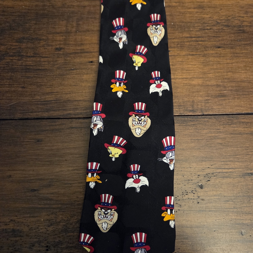 Vntg Looney Tune Patriotic Tie Daffy Duck Taz Bugs Bunny Tweety